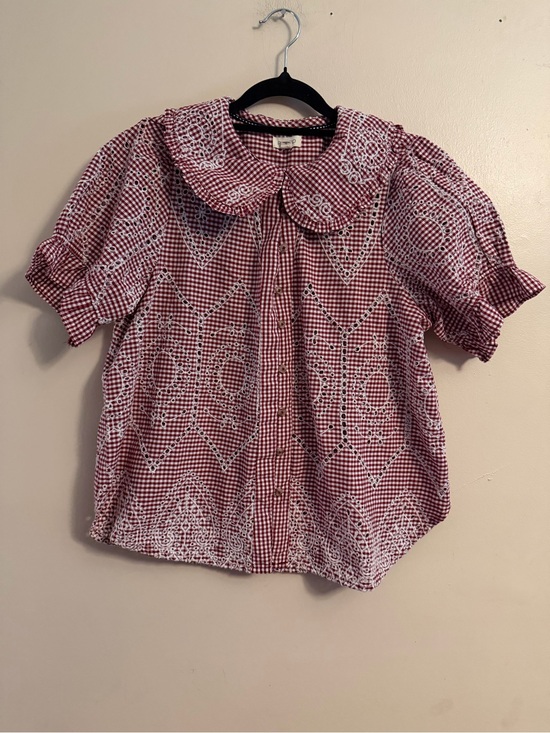 Pilcro Tops - Pilcro Red Gingham Eyelet-Print Peter Pan Collar Blouse